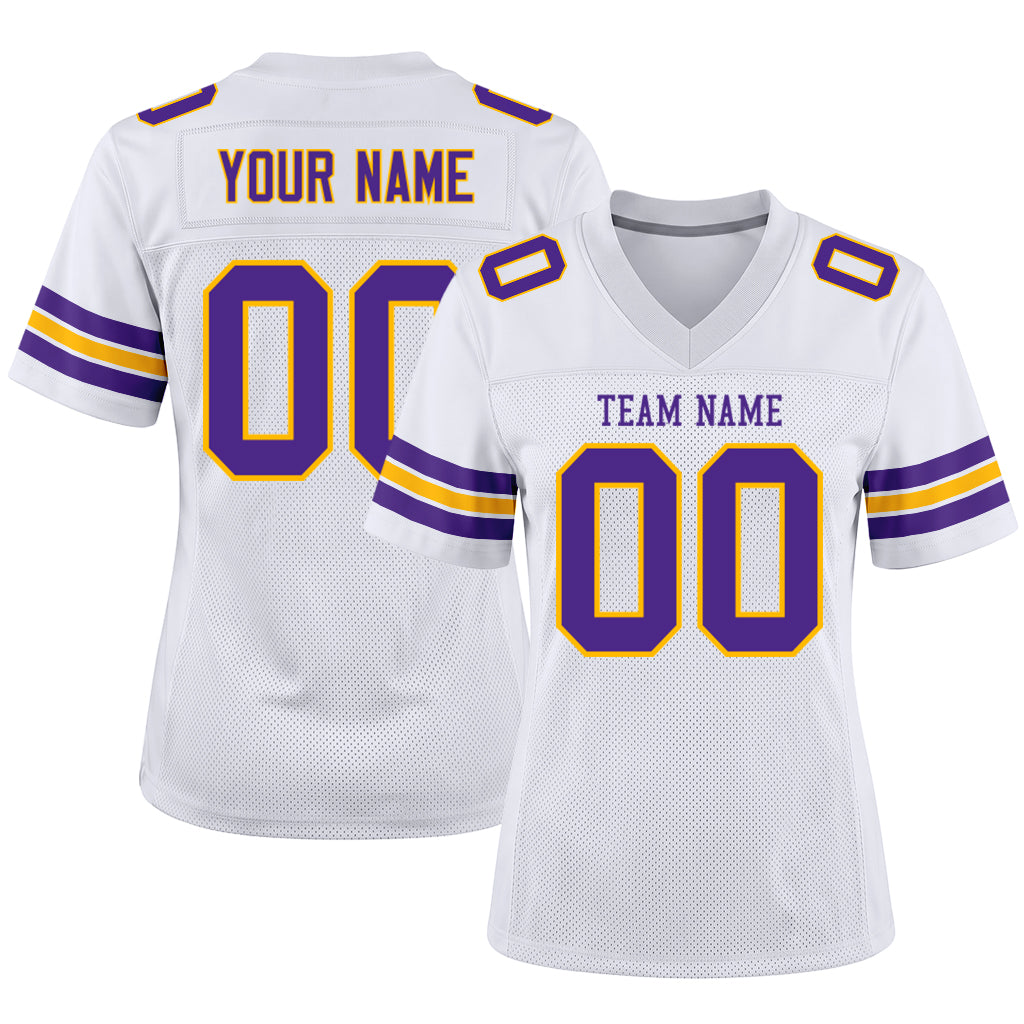 Custom White Purple-Gold Mesh Football Jersey
