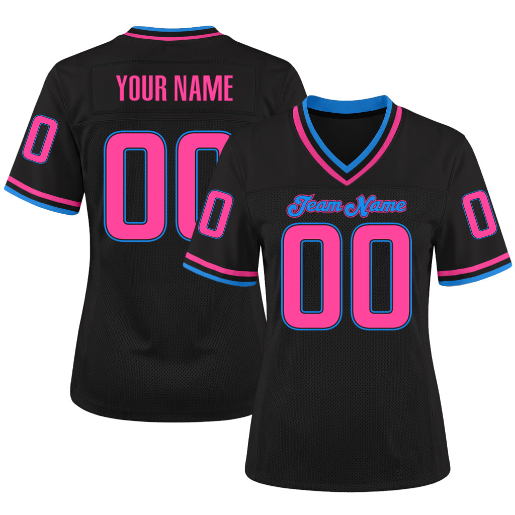 Custom Black Pink-Powder Blue Mesh Football Jersey