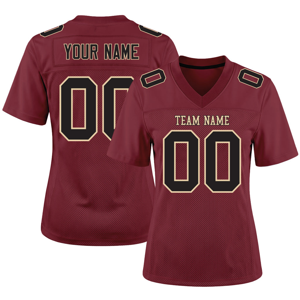 Custom Burgundy Black-Cream Mesh Football Jersey