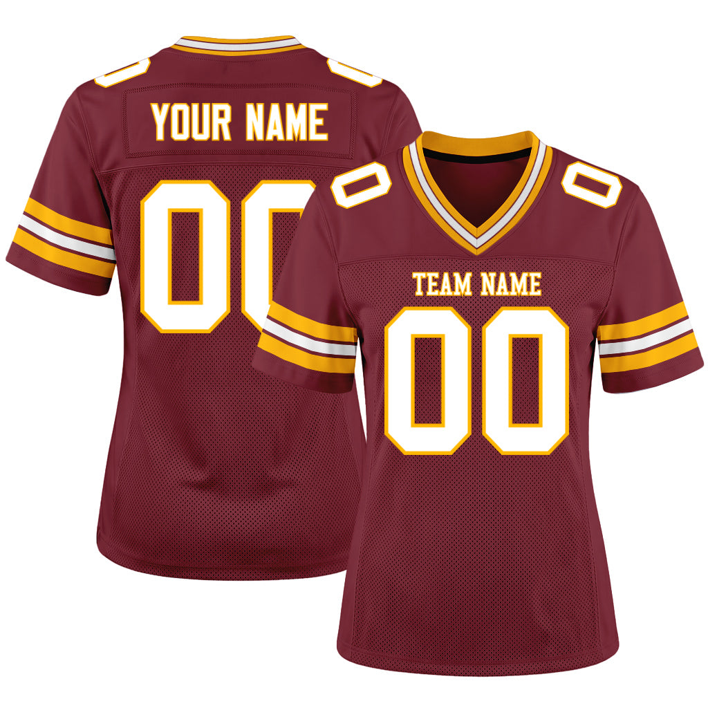 Custom Burgundy White-Gold Mesh Football Jersey