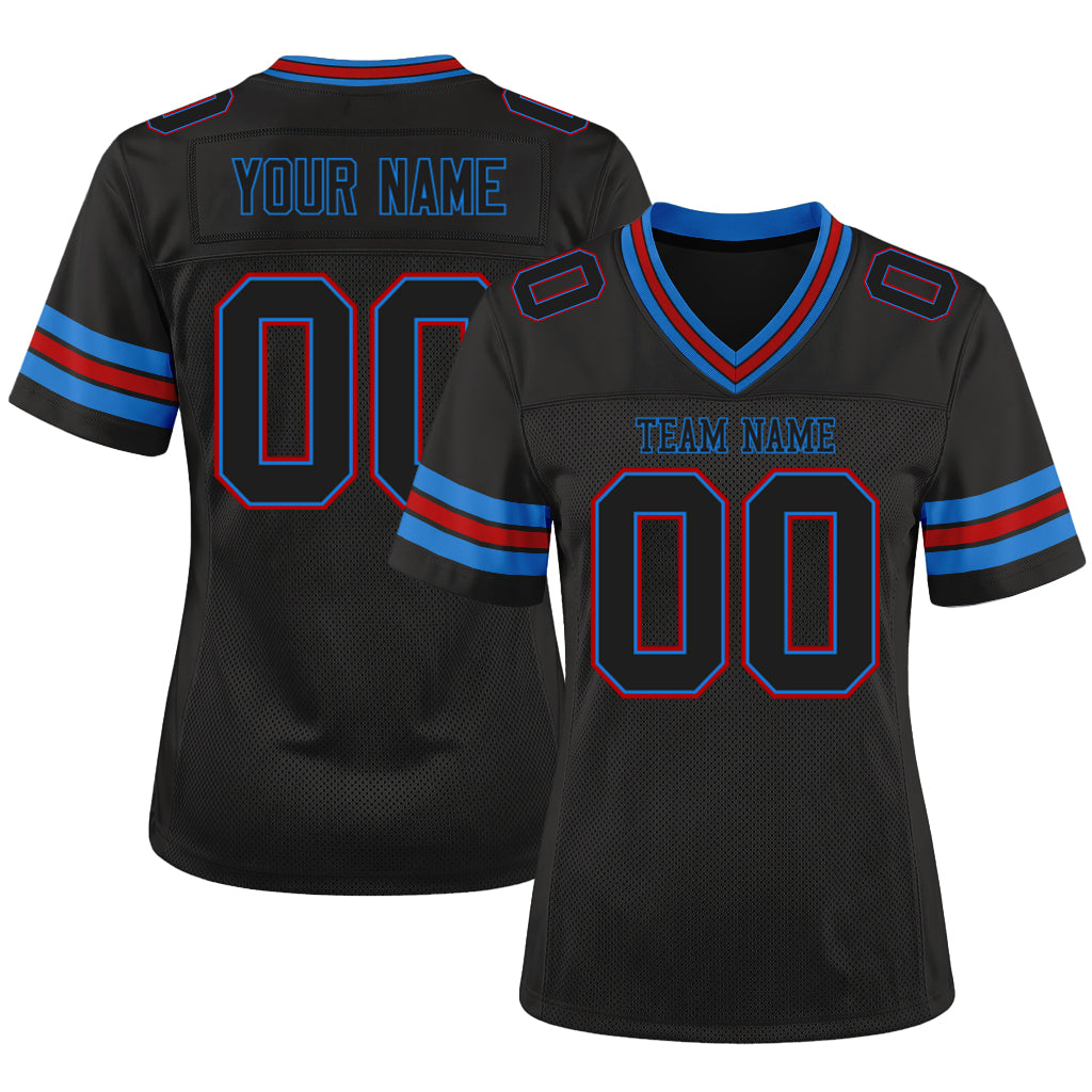 Custom Black Electric Blue-Red Mesh Football Jersey