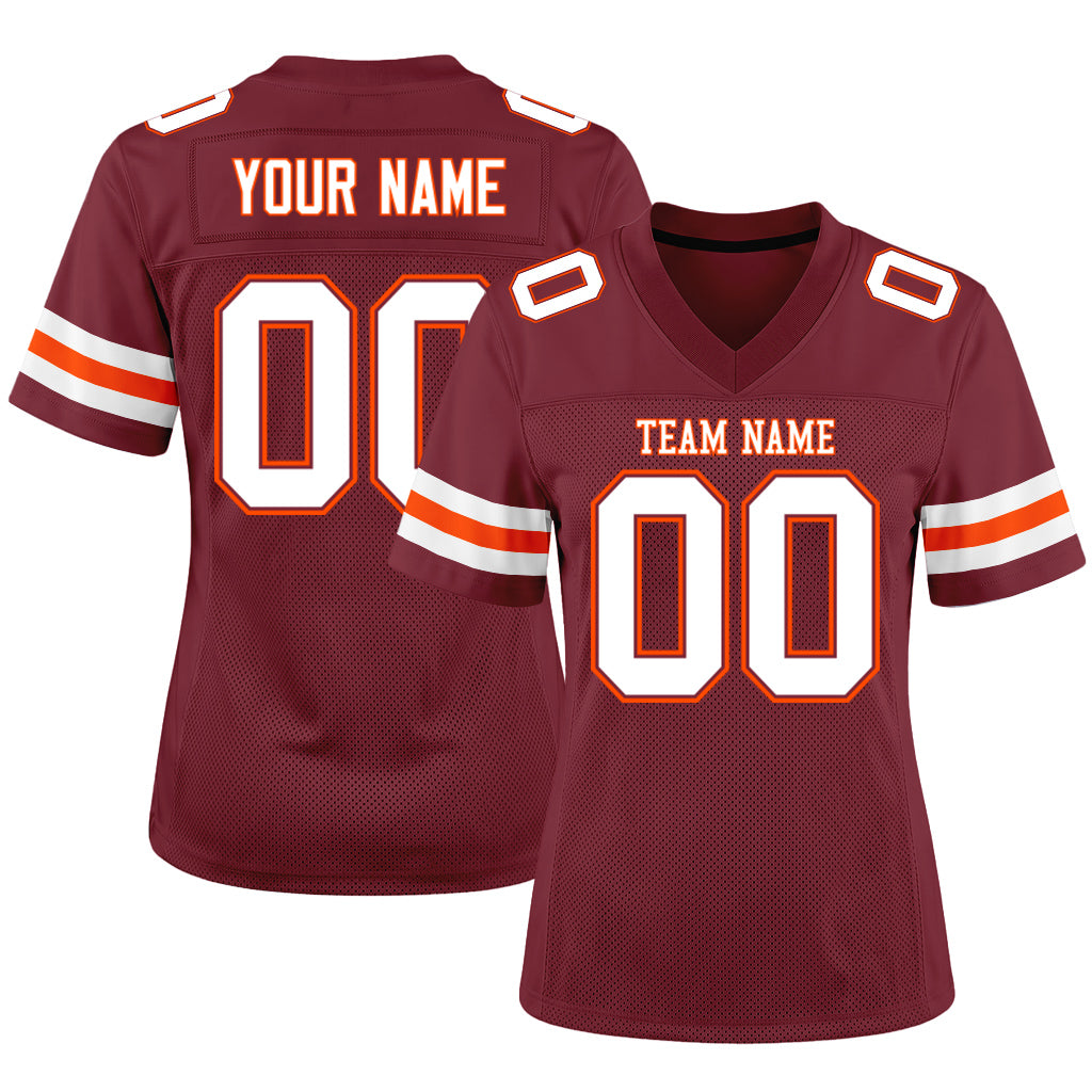 Custom Burgundy White-Orange Mesh Football Jersey