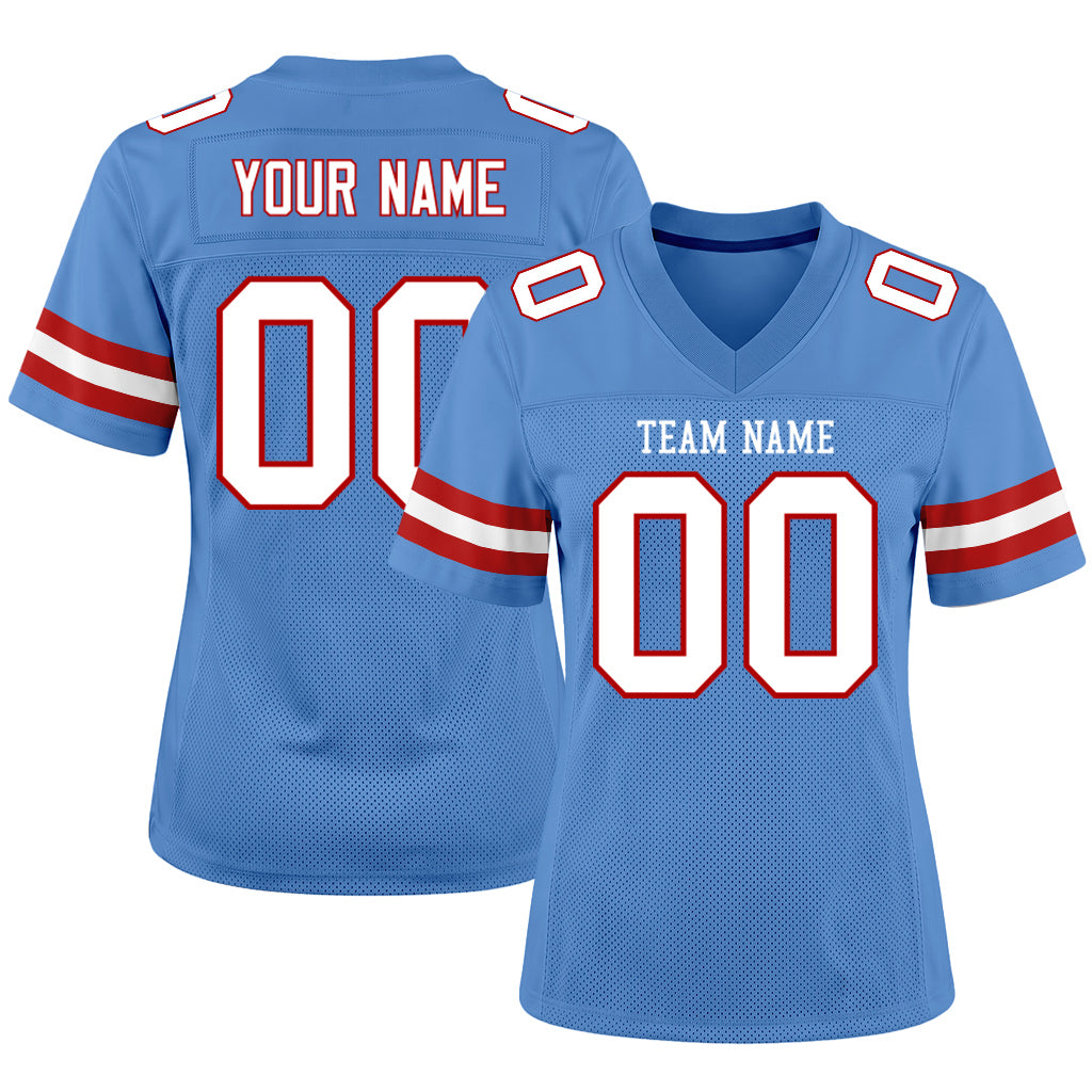 Custom Light Blue White-Red Mesh Football Jersey