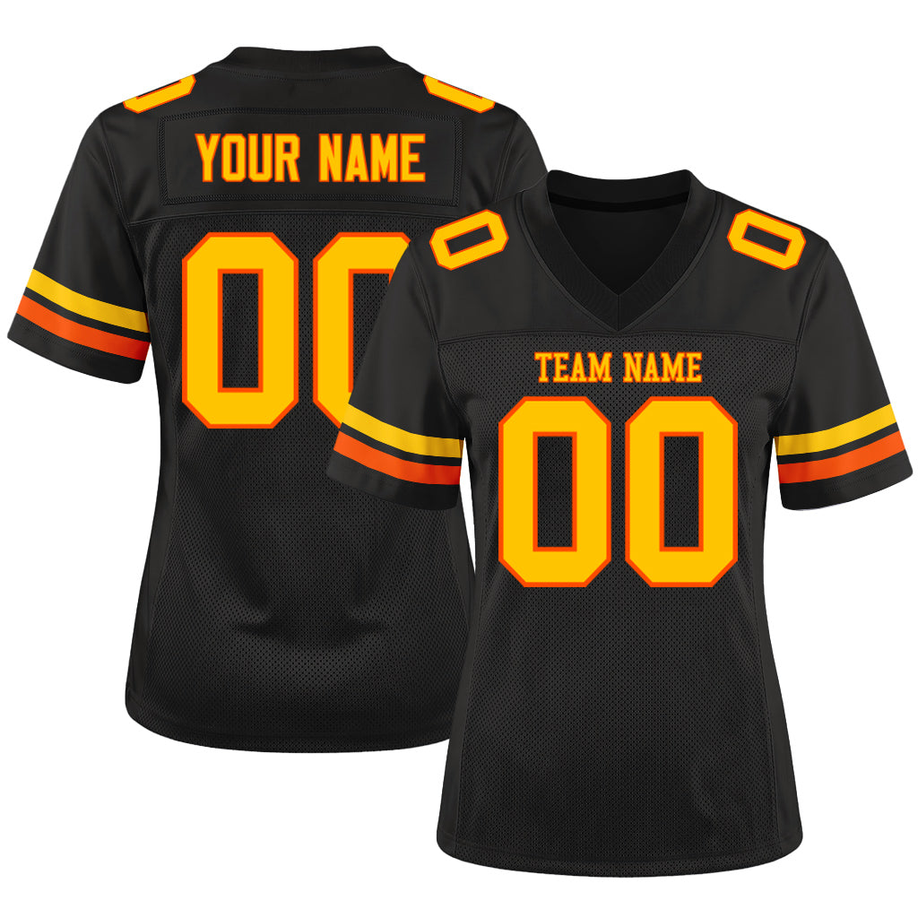 Custom Black Yellow-Orange Mesh Football Jersey