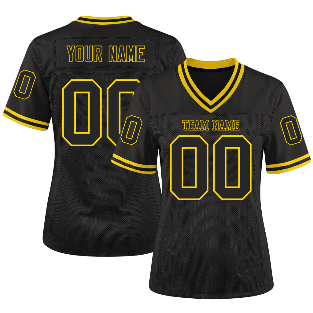 Custom Black Black-Gold Mesh Throwback Mesh Football Jersey