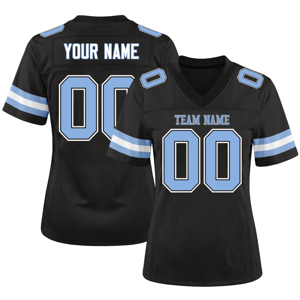 Custom Black Light Blue-White Custom Name Mesh Football Jersey