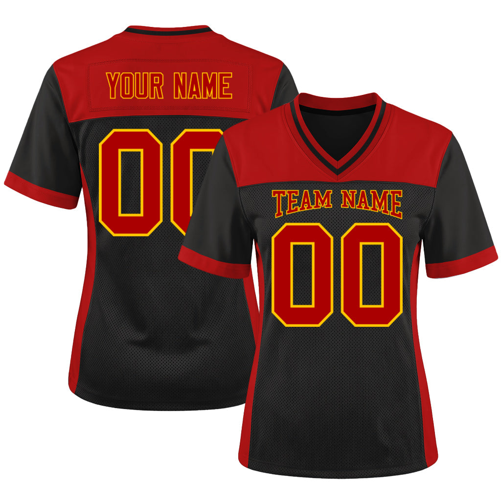 Custom Black Red-Yellow Mesh Football Jersey