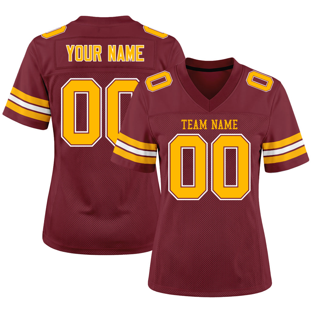 Custom Burgundy Gold-White Mesh Football Jersey