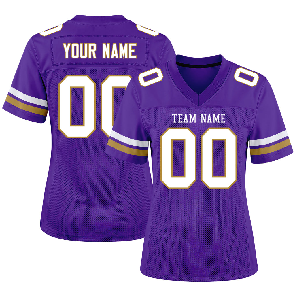 Custom Purple White-Old Gold Mesh Football Jersey