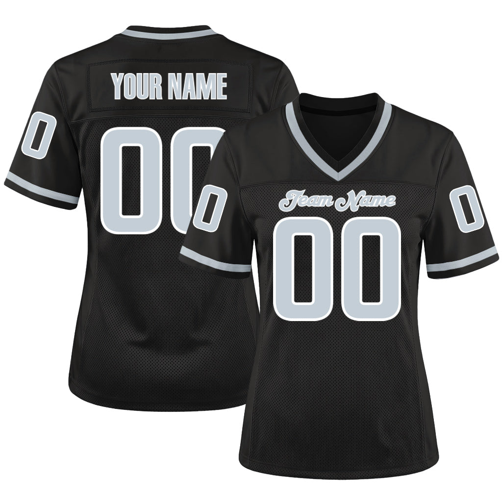 Custom Black Silver-White Throwback Custom Name Mesh Football Jersey