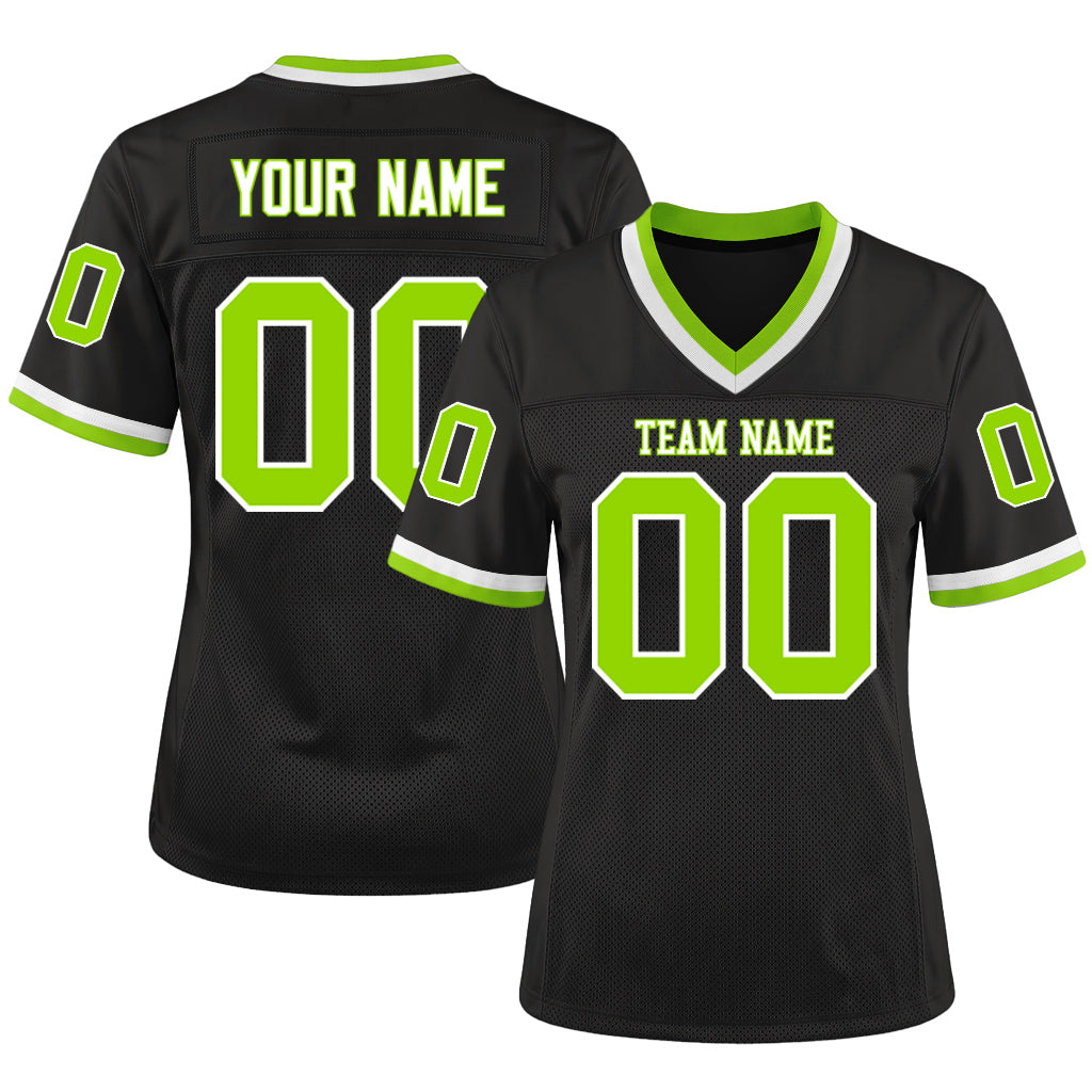 Custom Black Neon Green-White Mesh Throwback Mesh Football Jersey