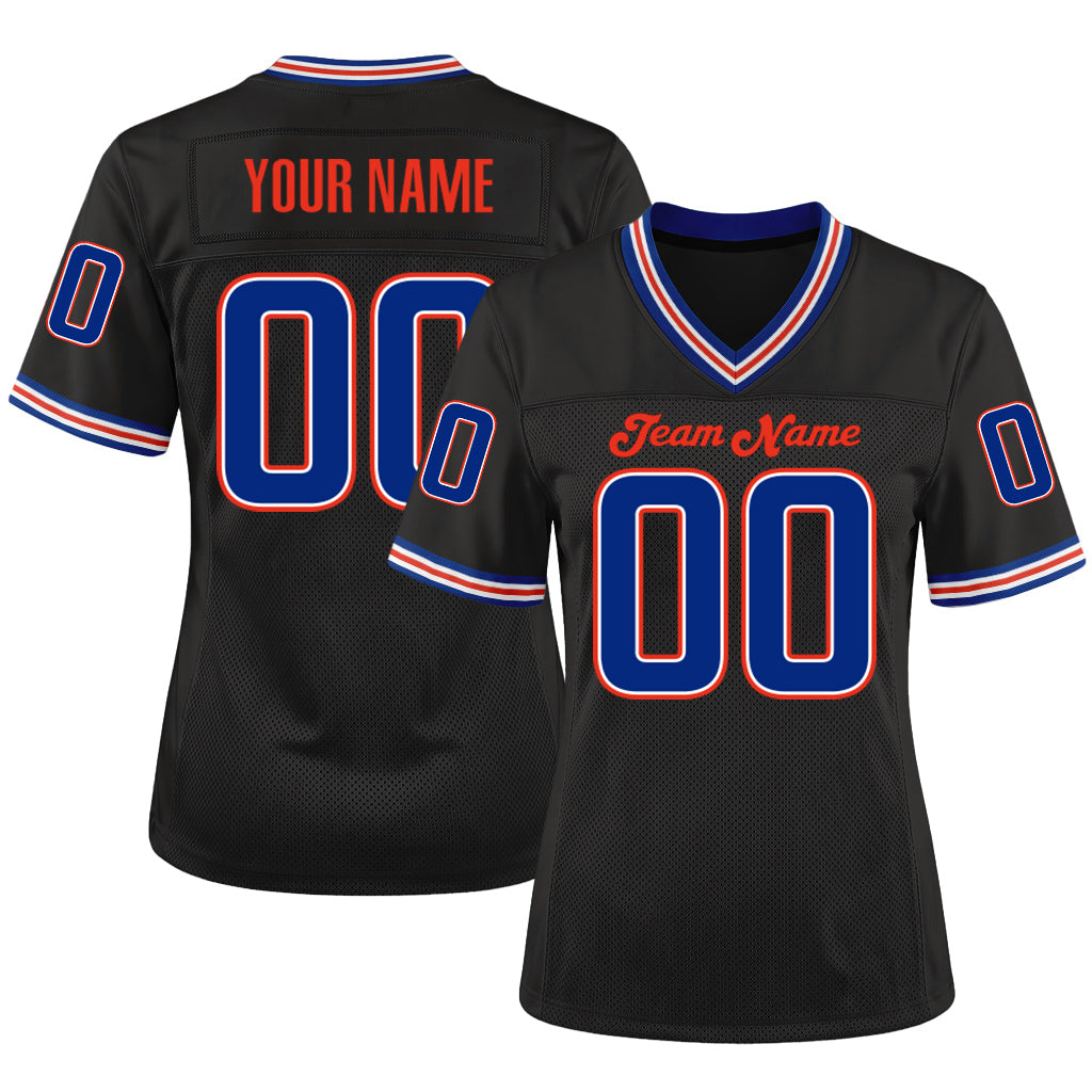 Custom Black Royal-Orange Mesh Throwback Mesh Football Jersey