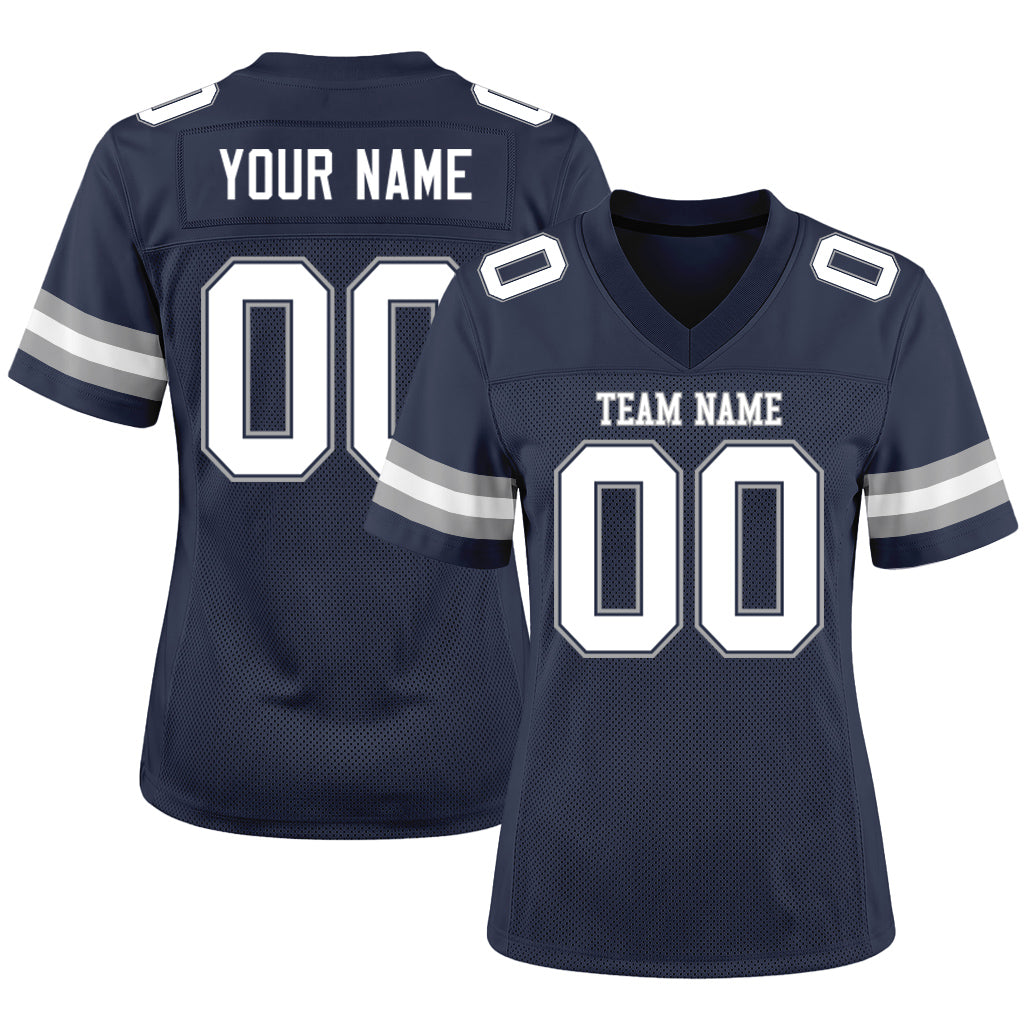 Custom Navy White-Gray Mesh Football Jersey