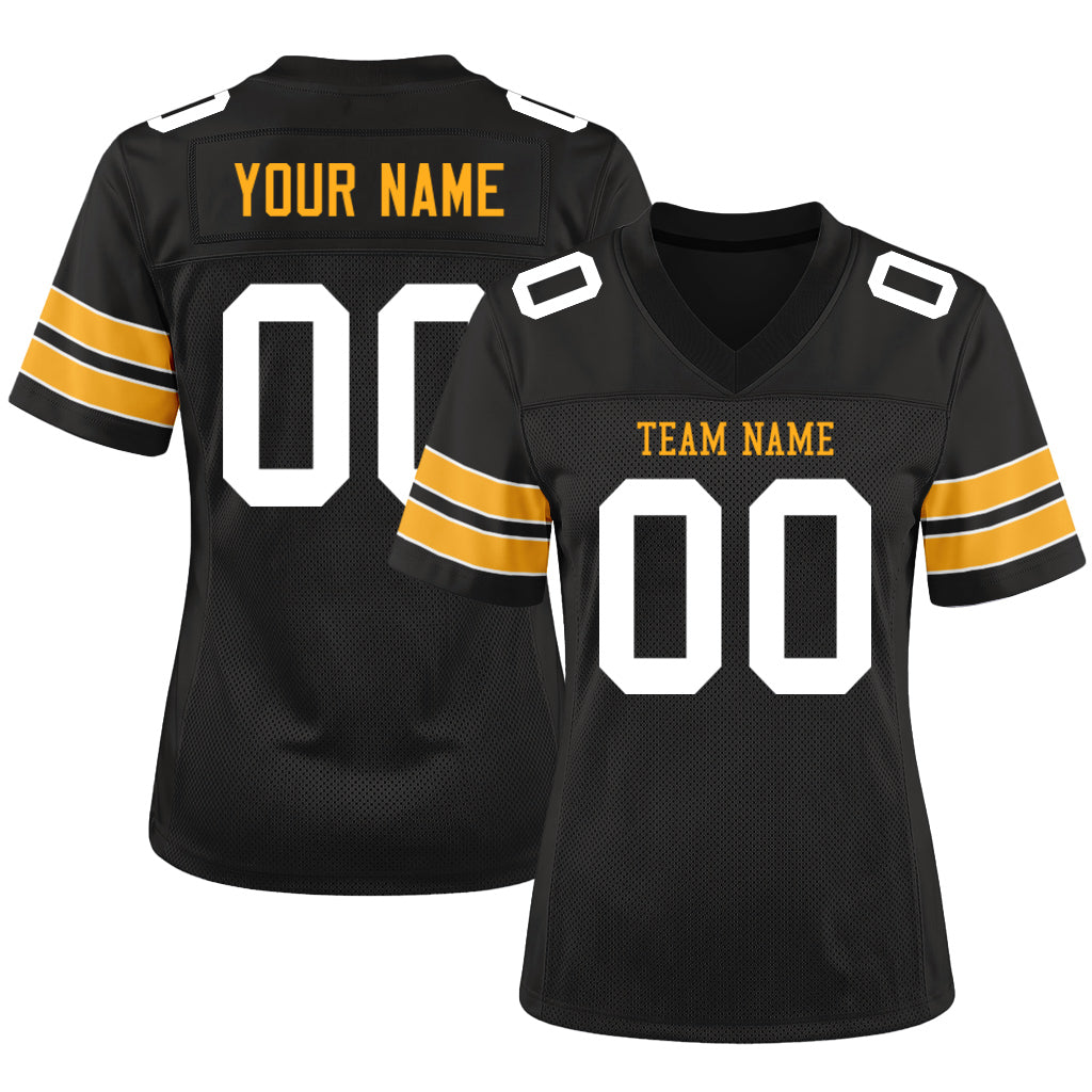 Custom Black White-Gold Mesh Football Jersey