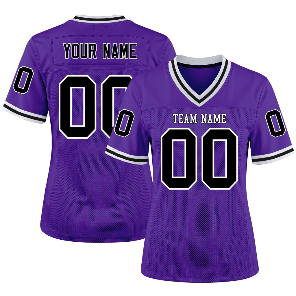 Custom Purple Black-White Mesh Football Jersey