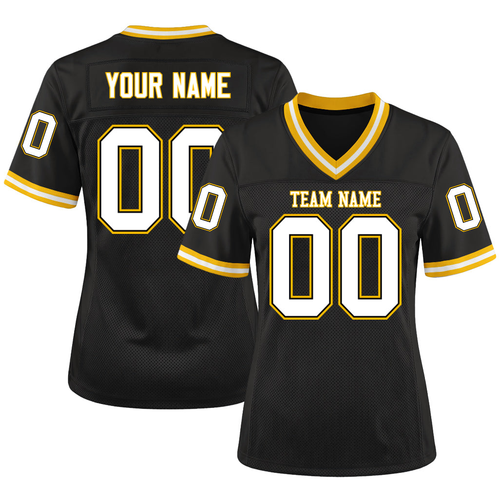 Custom Black White-Gold Mesh Throwback Mesh Football Jersey