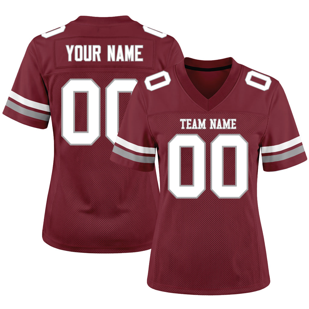 Custom Burgundy White-Gray Mesh Football Jersey
