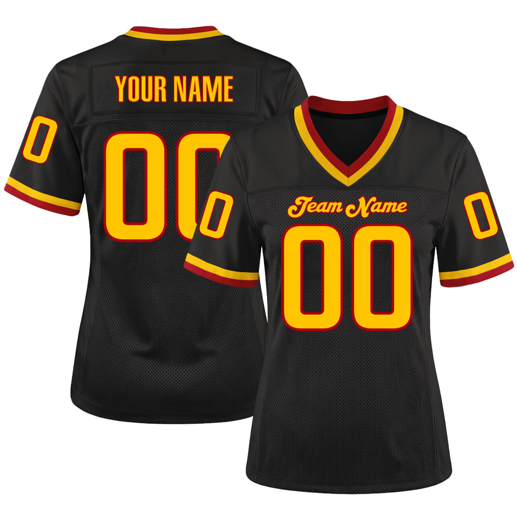 Custom Black Gold-Red Mesh Throwback Mesh Football Jersey