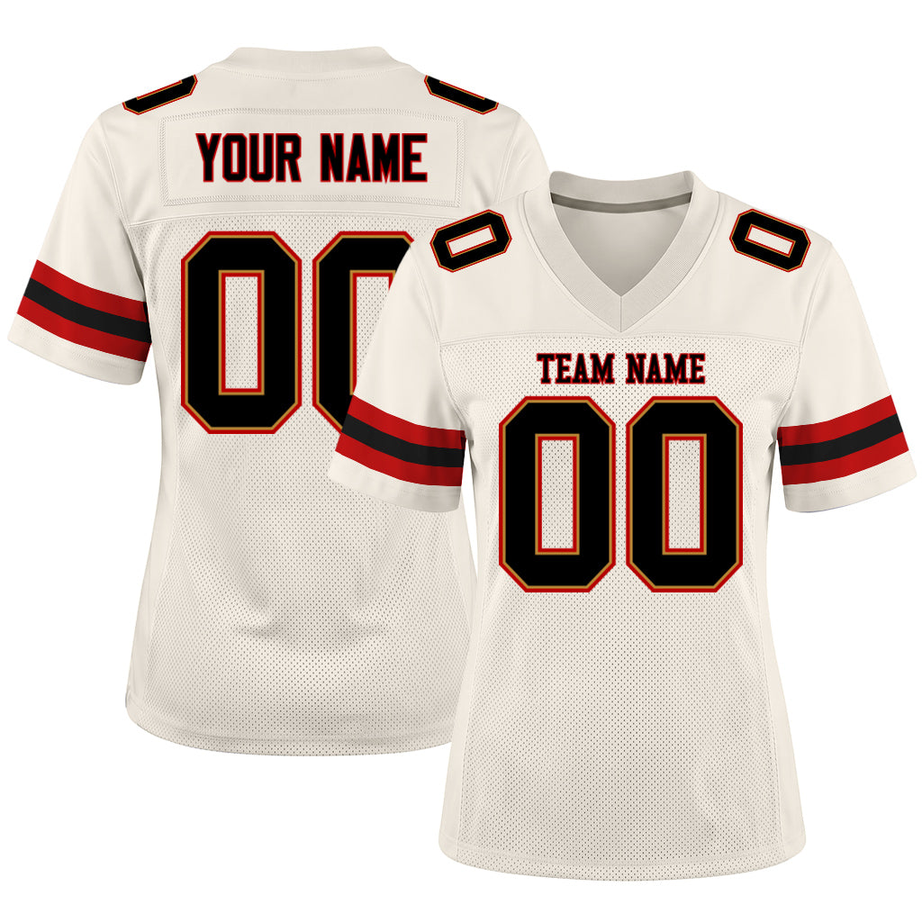 Custom Cream Black-Red Mesh Football Jersey