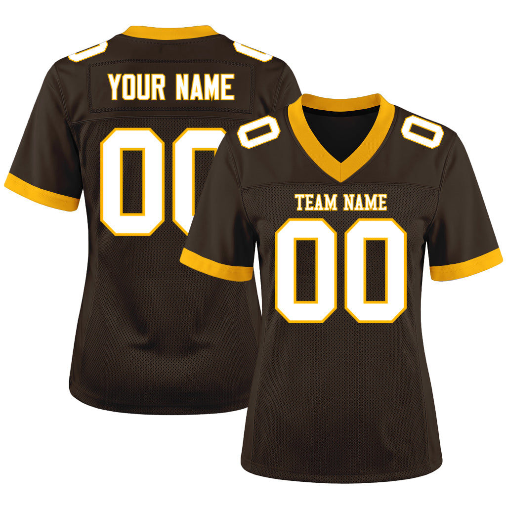 Custom Brown White-Gold Mesh Football Jersey