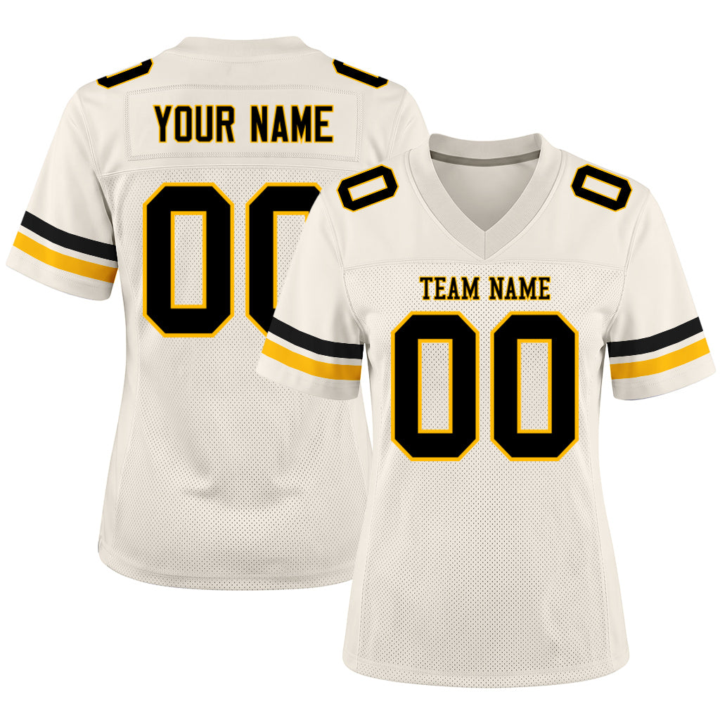 Custom Cream Black-Gold Mesh Football Jersey