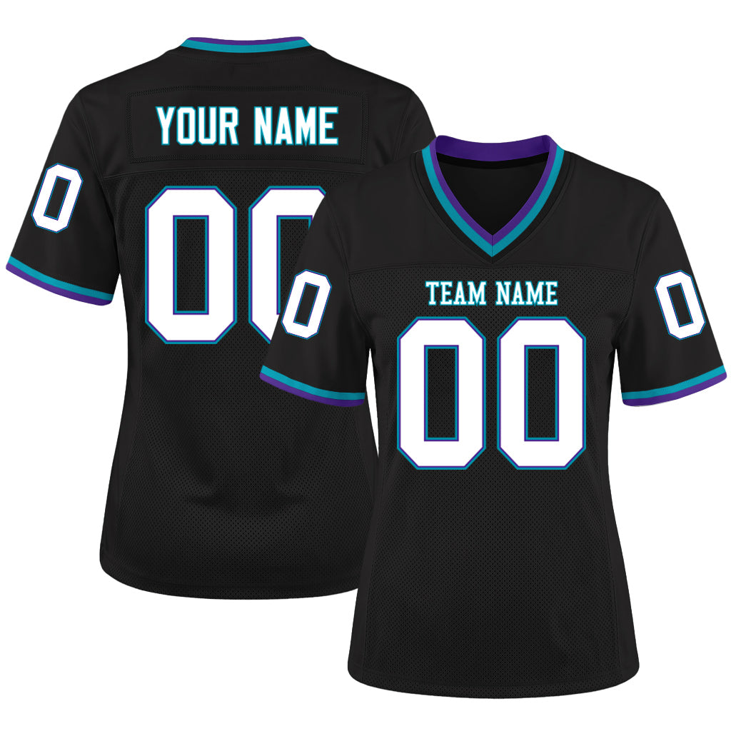 Custom Black Purple-Teal Mesh Football Jersey