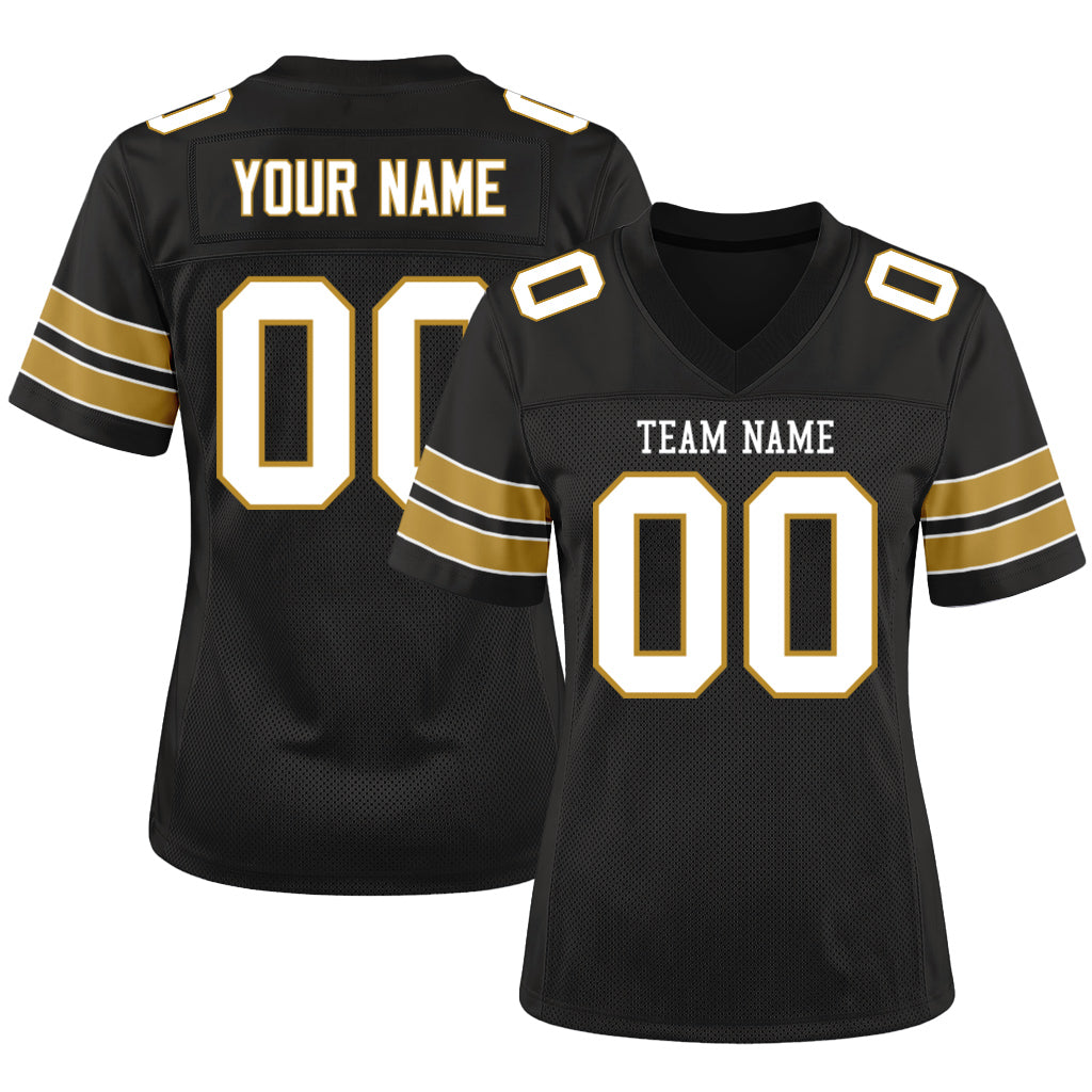 Custom Black White-Old Gold Custom Name Mesh Football Jersey
