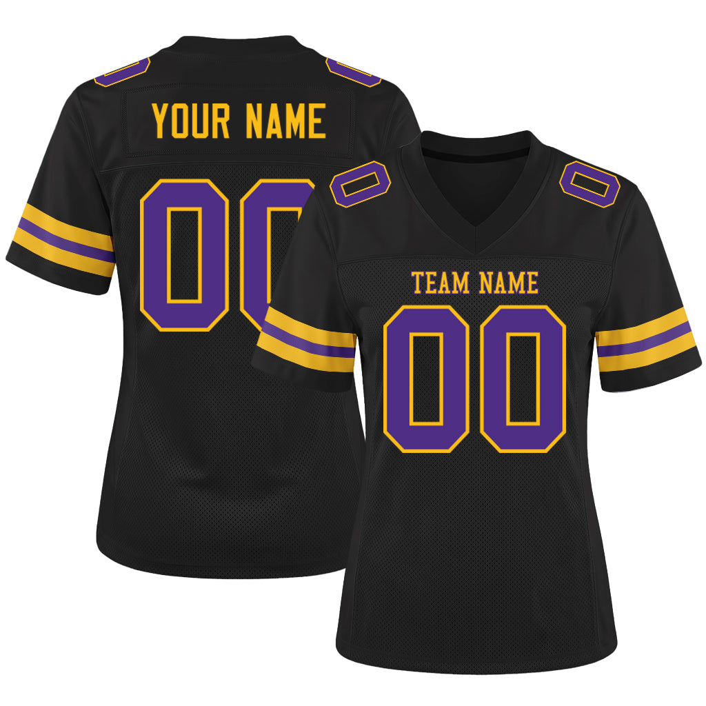 Custom Black Purple-Gold Mesh Football Jersey