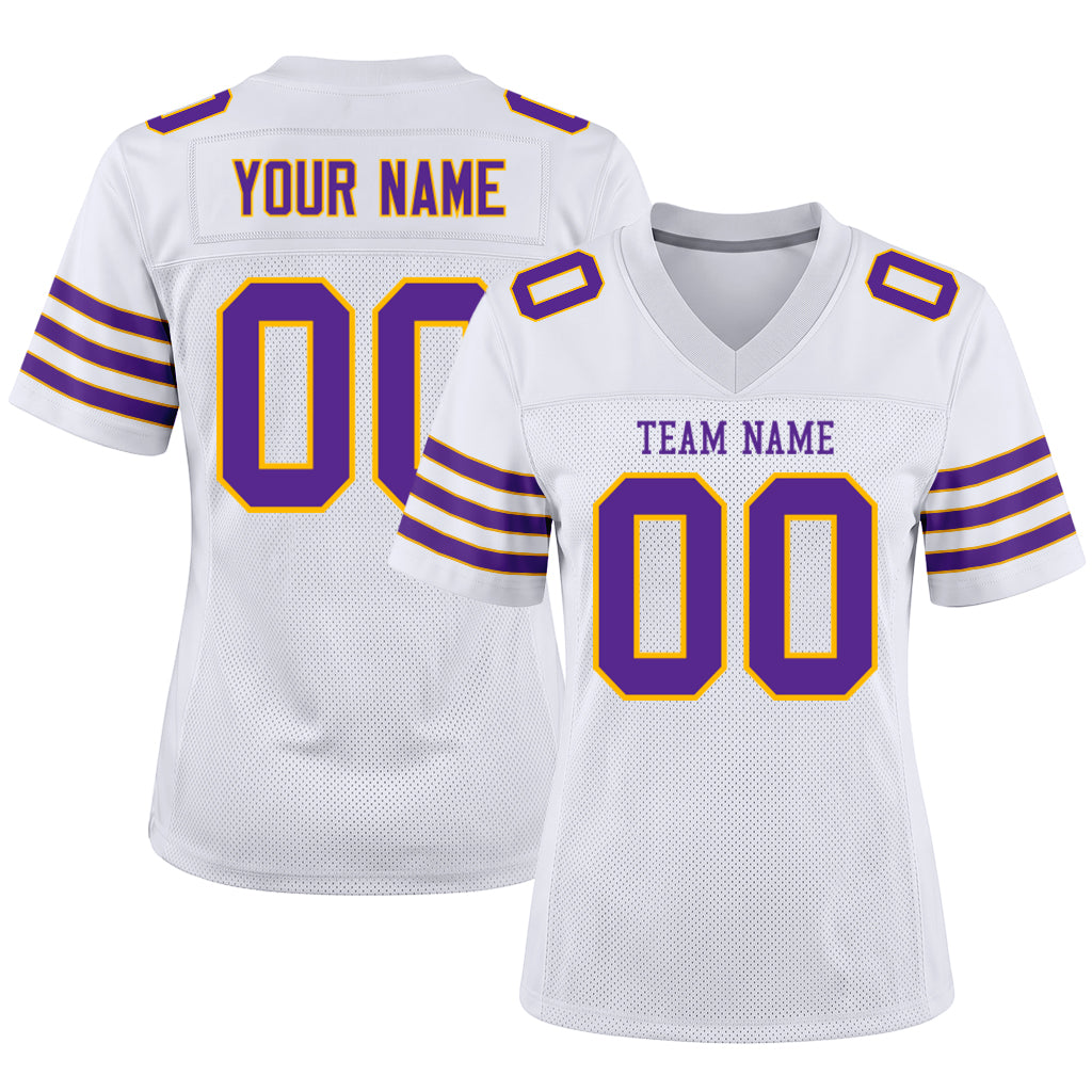 Custom White Purple-Gold Mesh Football Jersey