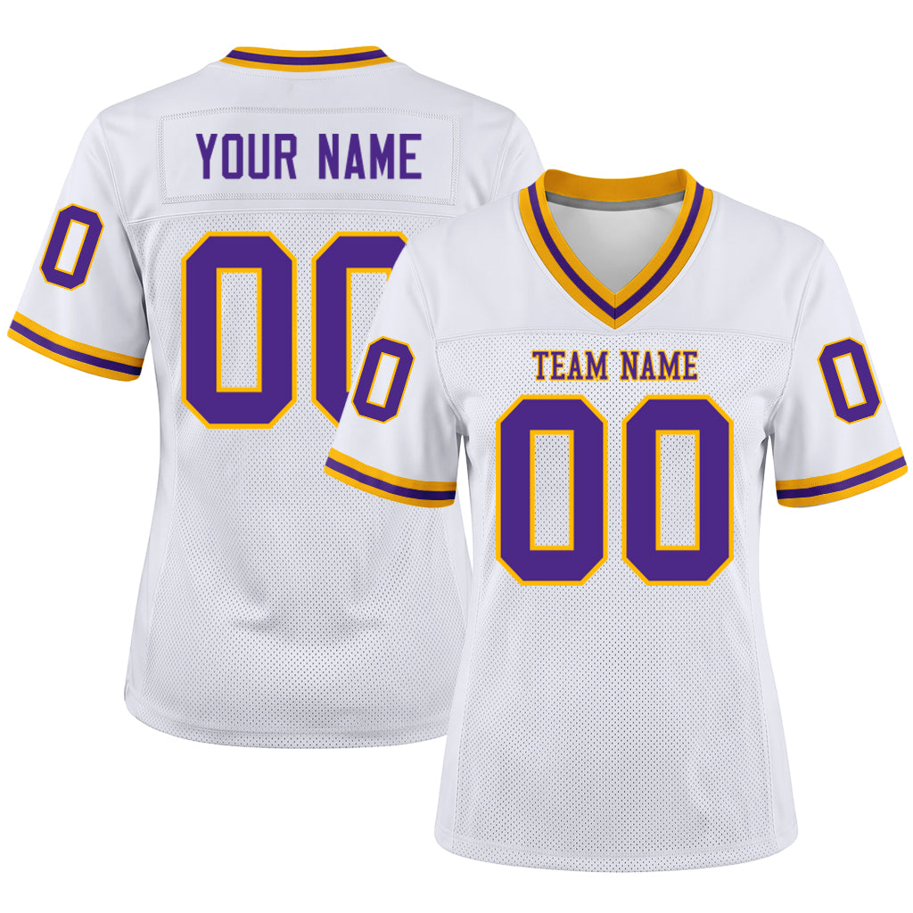 Custom White Purple-Gold Mesh Football Jersey