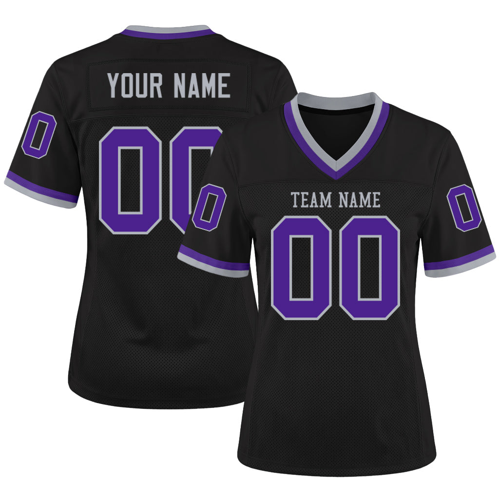 Custom Black Purple-Gray Mesh Football Jersey