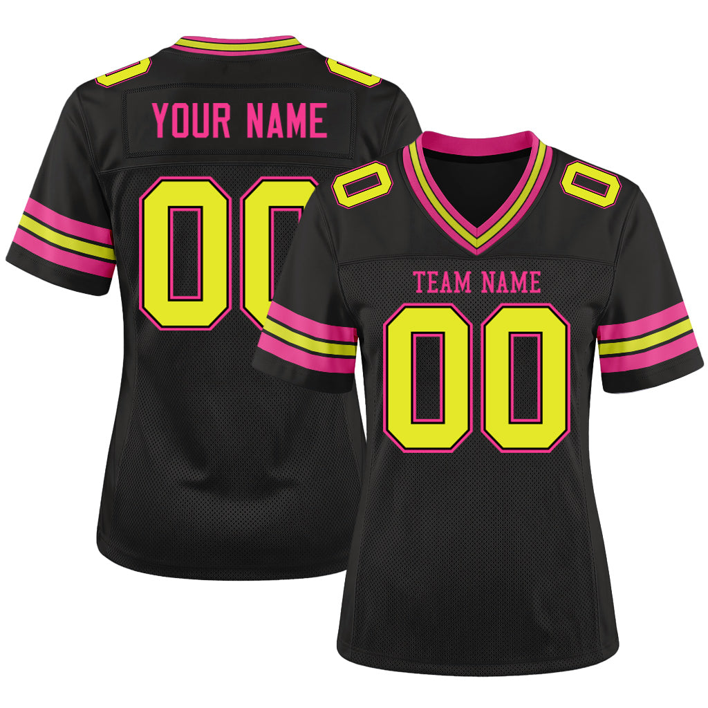Custom Black Neon Yellow-Pink Mesh Football Jersey