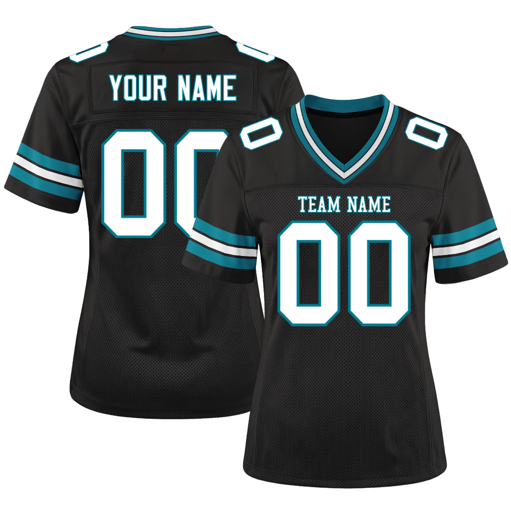 Custom Black White-Teal Mesh Football Jersey