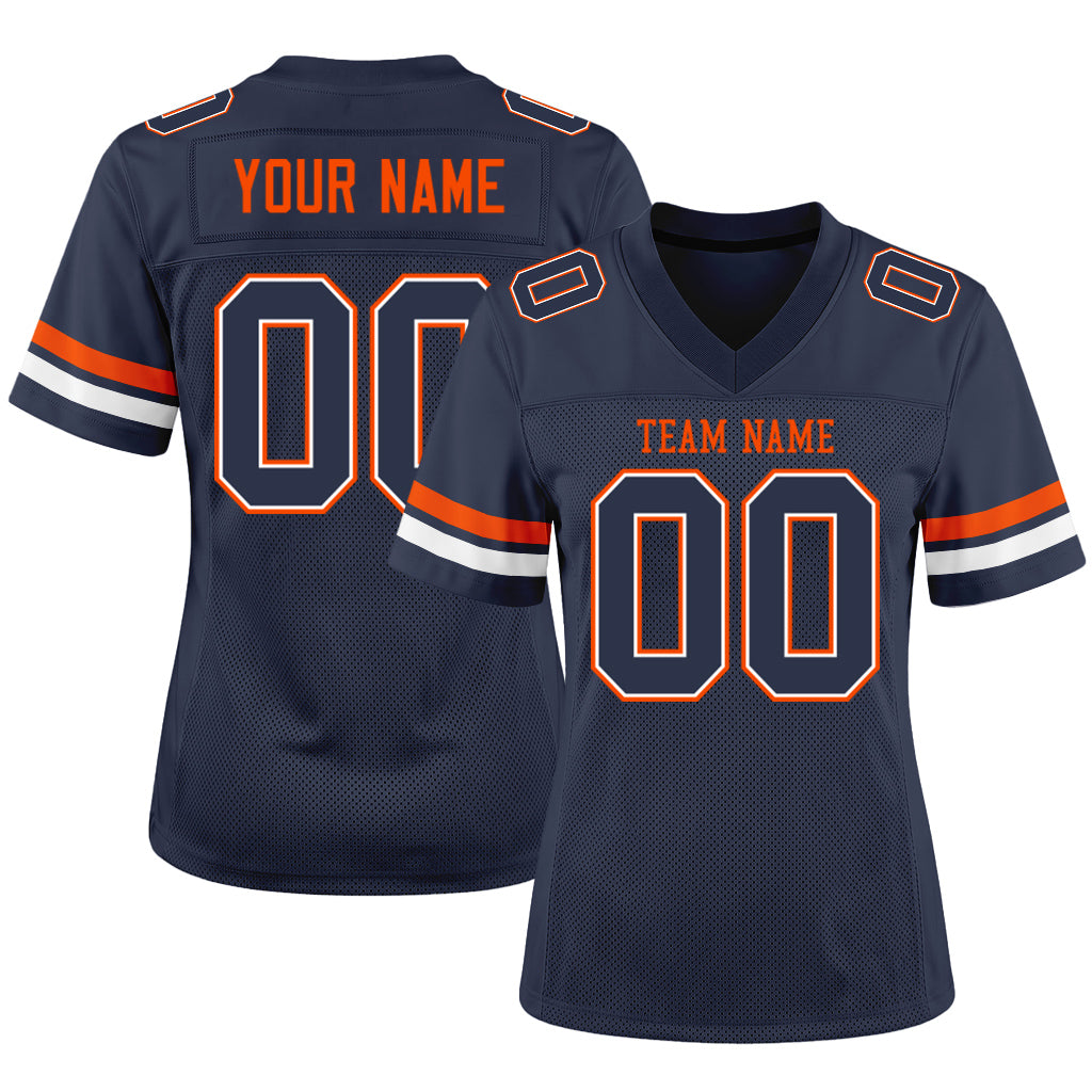 Custom Navy White-Orange Mesh Football Jersey