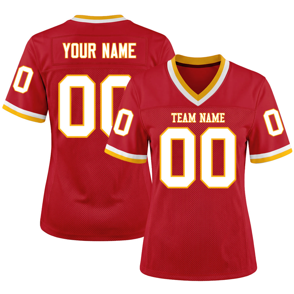 Custom Red White-Gold Mesh Football Jersey