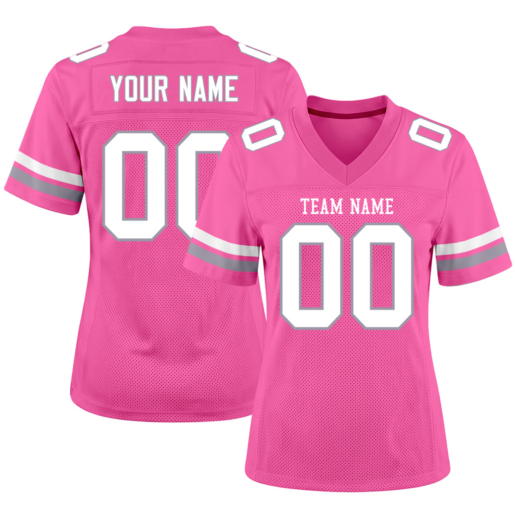 Custom Pink White-Light Gray Mesh Football Jersey