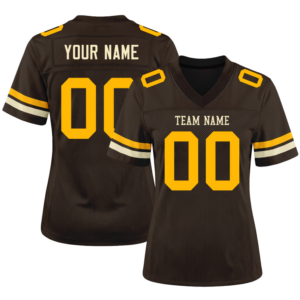 Custom Brown Gold-Cream Mesh Football Jersey