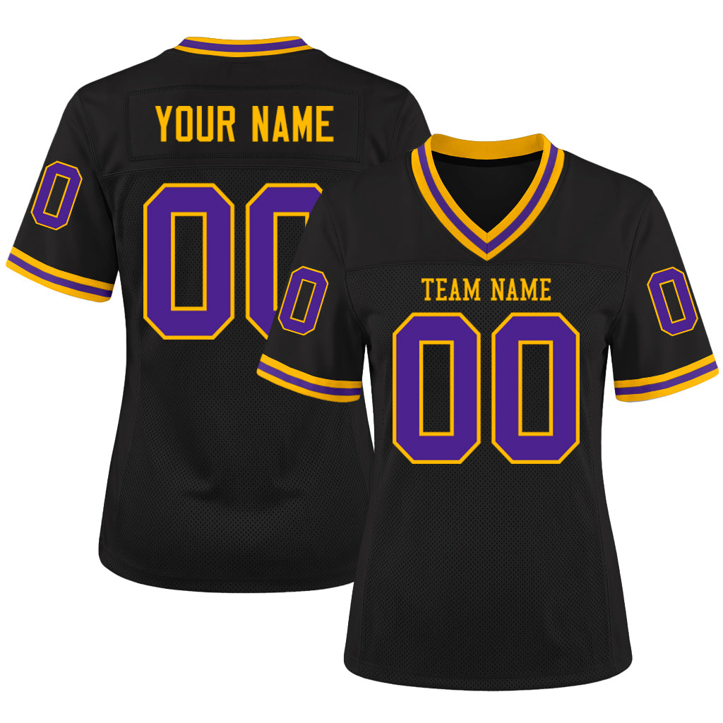 Custom Black Purple-Gold Mesh Football Jersey