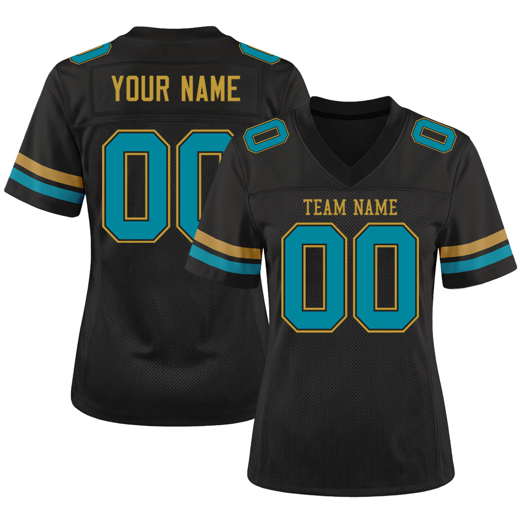 Custom Black Teal-Old Gold Mesh Football Jersey