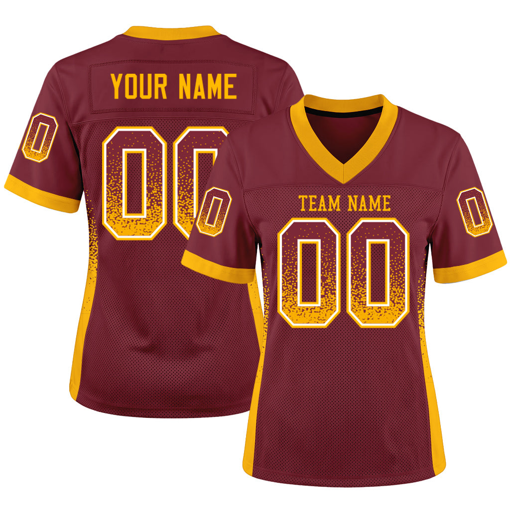 Custom Burgundy Gold-White Mesh Drift Fashion Mesh Football Jersey