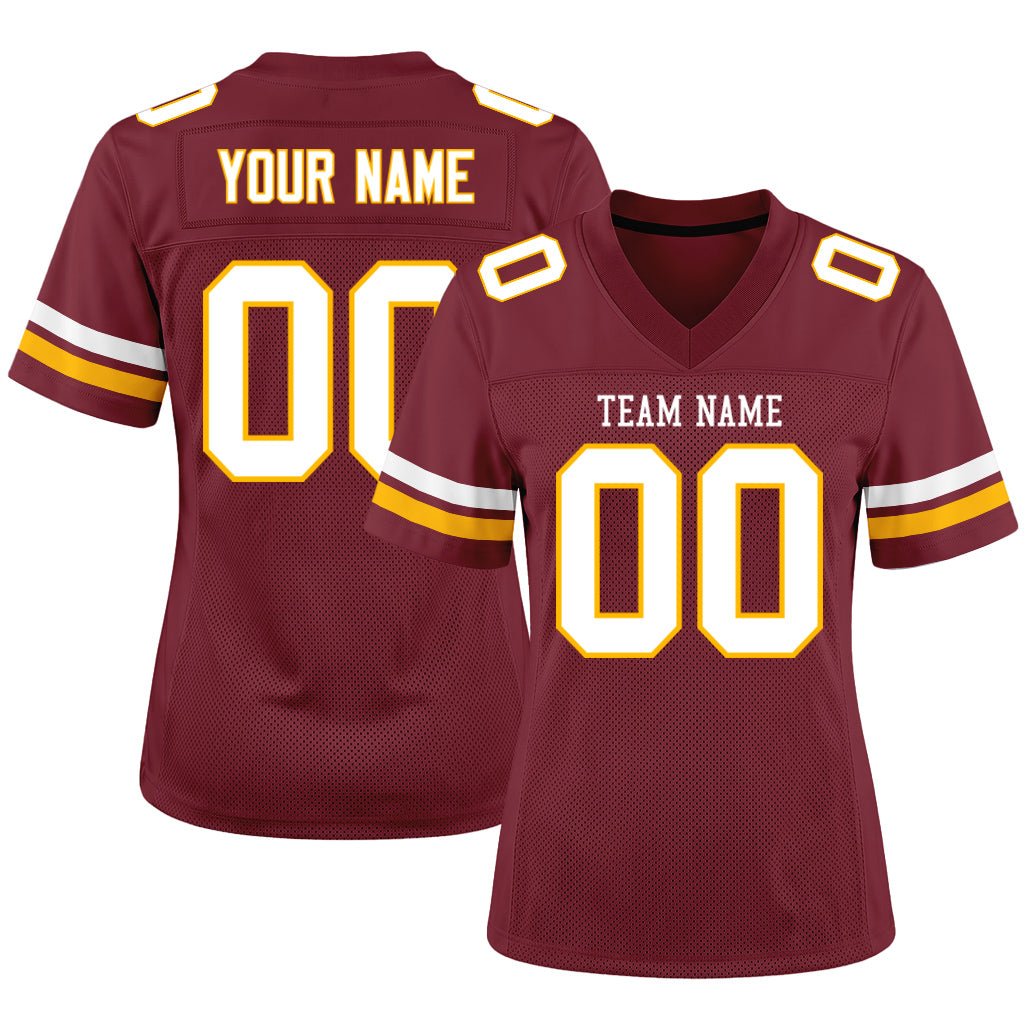 Custom Burgundy White-Gold Mesh Football Jersey