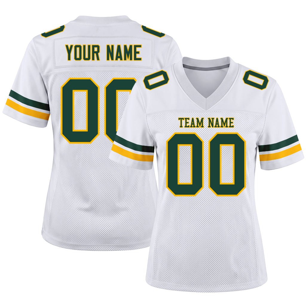 Custom White Green-Gold Mesh Football Jersey
