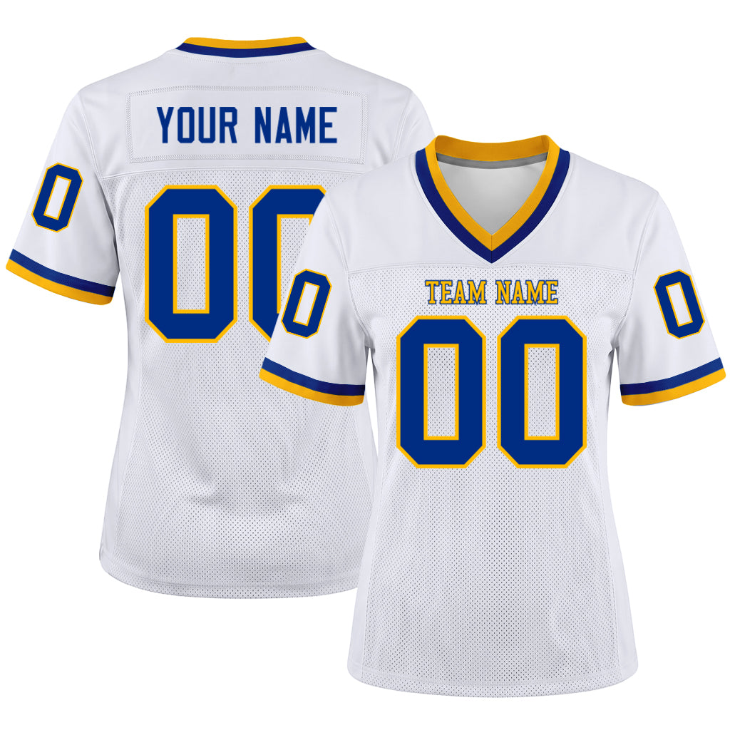 Custom White Royal-Gold Mesh Football Jersey