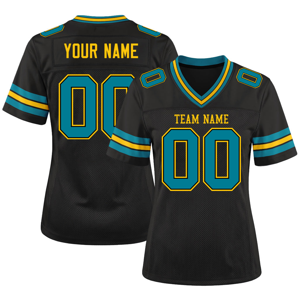 Custom Black Teal-Yellow Custom Name Mesh Football Jersey
