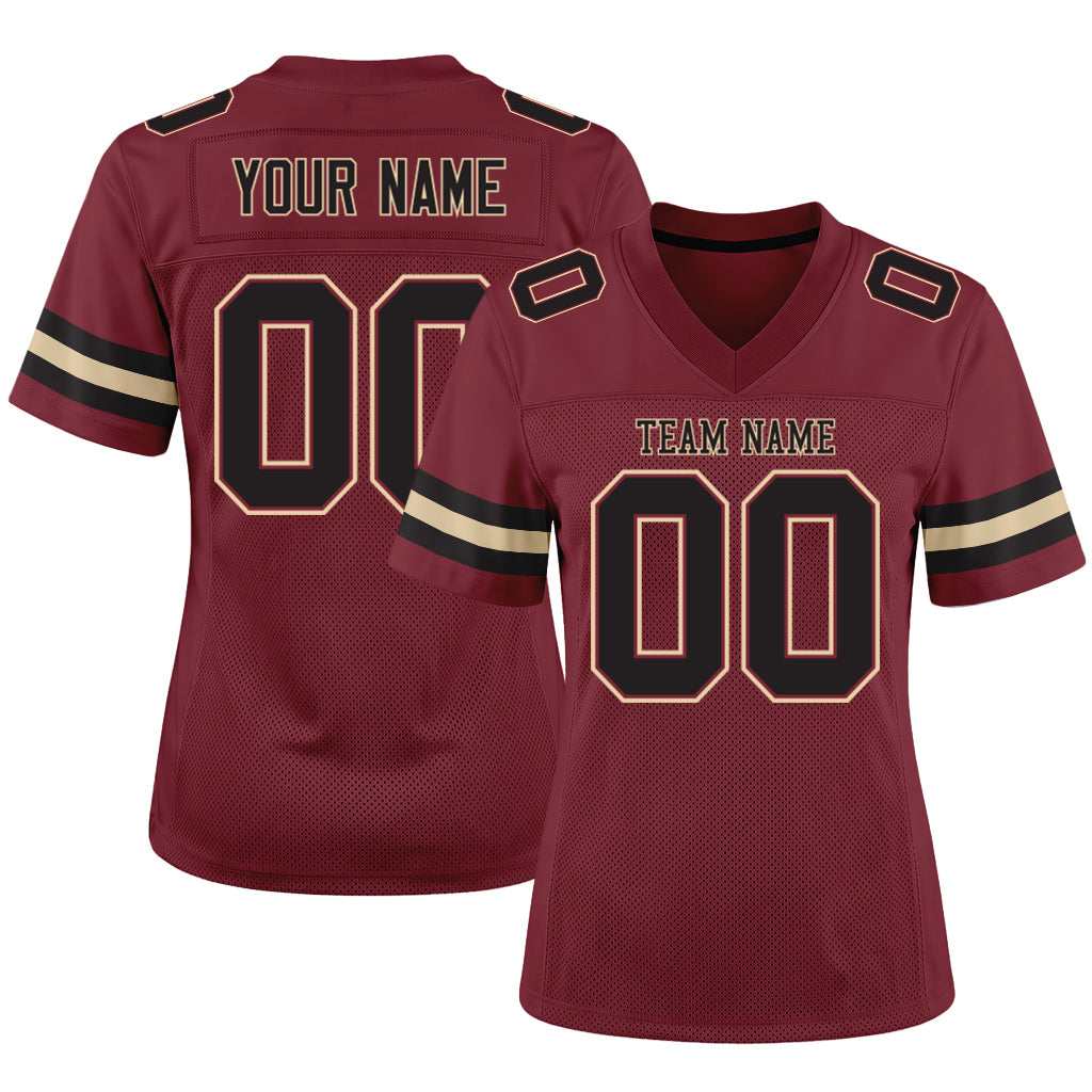 Custom Burgundy Black-Cream Mesh Football Jersey