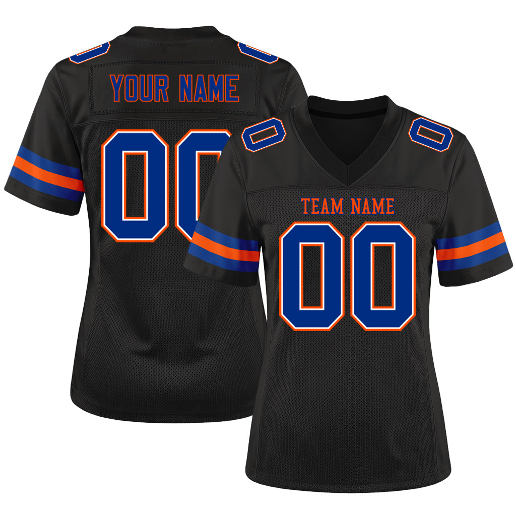 Custom Black Royal-Orange Mesh Football Jersey