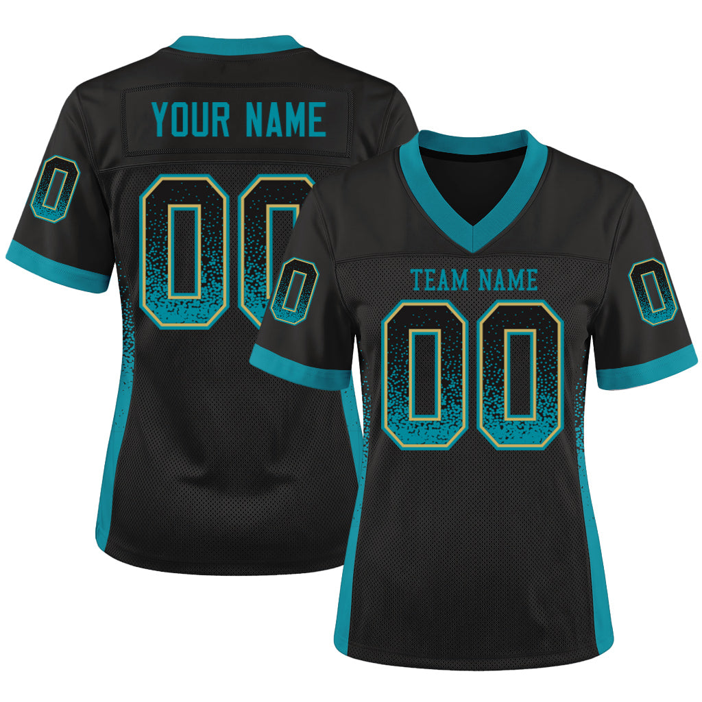 Custom Black Teal-Old Gold Drift Fashion Custom Name Mesh Football Jersey