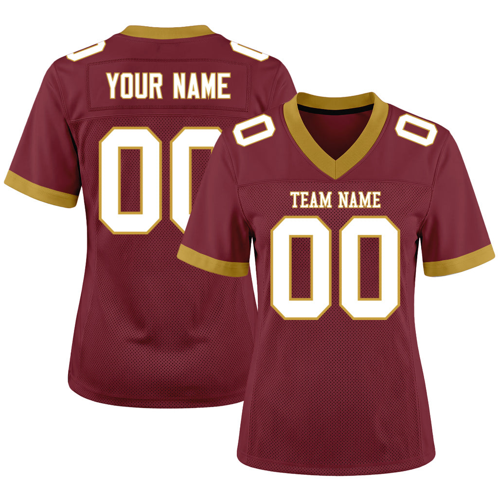 Custom Burgundy White-Old Gold Mesh Football Jersey