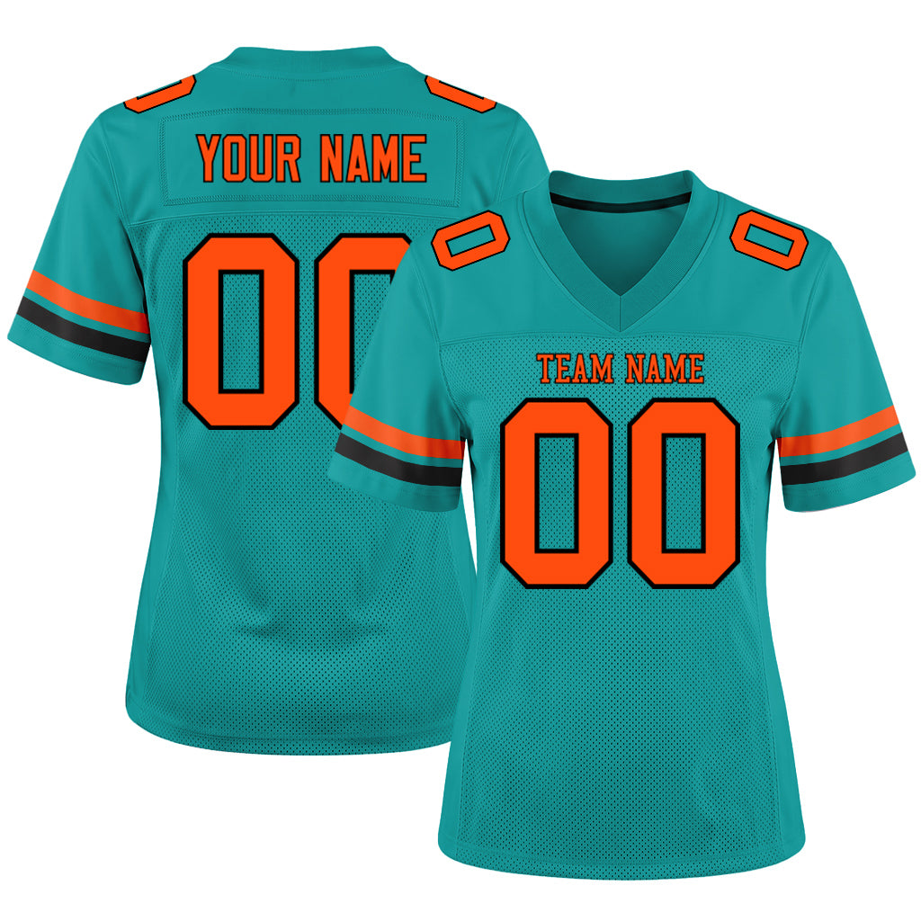 Custom Aqua Orange-Black Mesh Football Jersey