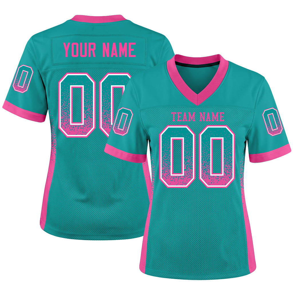 Custom Aqua Pink-White Mesh Drift Fashion Football Jersey